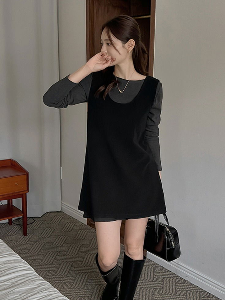 休閒U領七分袖T恤背心兩件式套裝