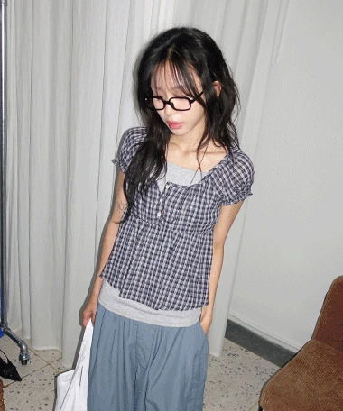 Huelco Check Crop Fit Cotton Round Neck Blouse