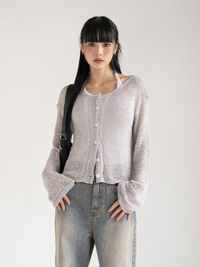 55-77マトニーメッシュボートネックラウンドセミクロップニットカーディガン