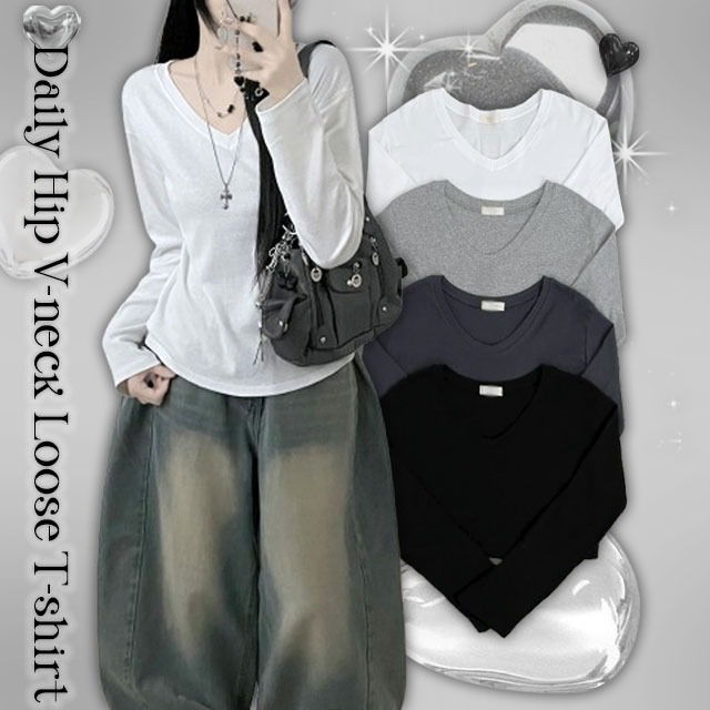 寬鬆純棉V領長袖內搭上衣