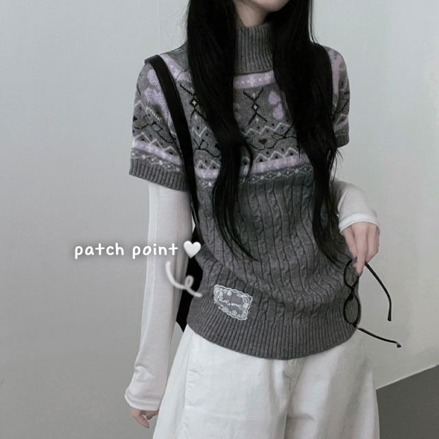 アッシュパッチノルディックハイネック半袖ニット