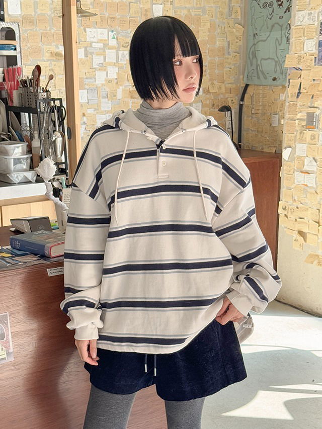 Oversized 55-110 Tissue-hin Overfit Fleece-lined Striped Long-Sleeve Hooded T-Shirt 长袖上衣