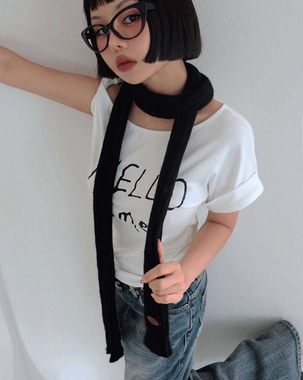 Ribbed Knitwear Patch Long Muffler