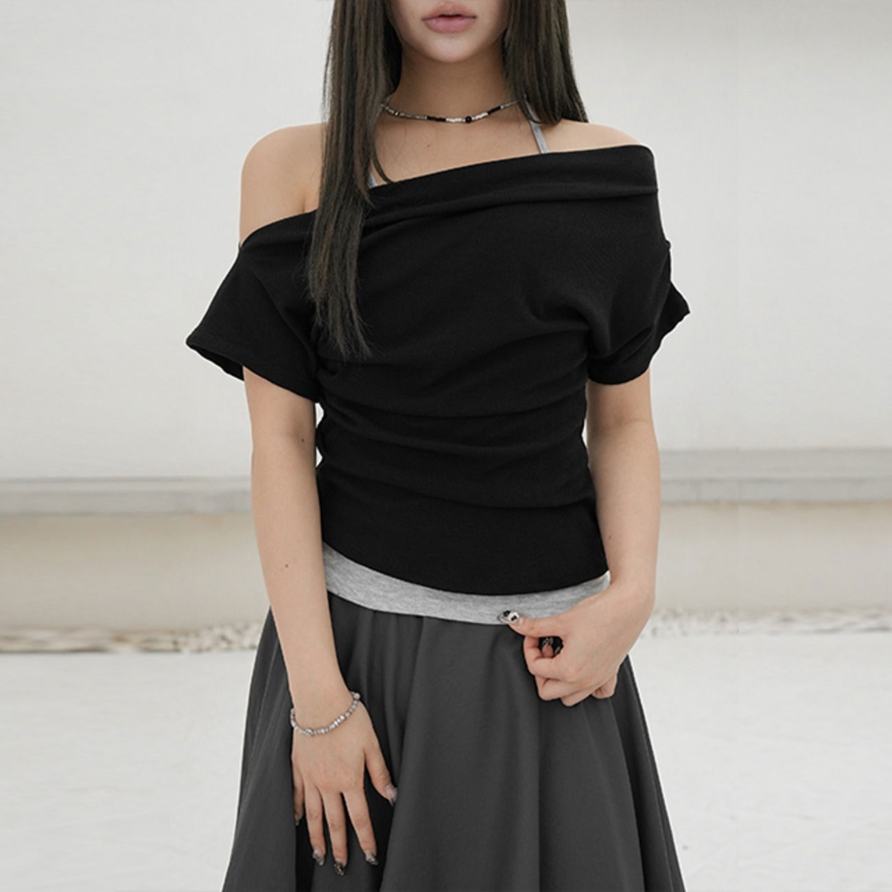 單肩褶皺設計短袖T恤
