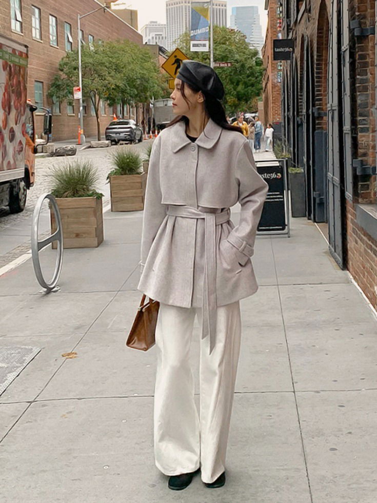 하로픈 플랩 카라넥 벨트 하프 코트