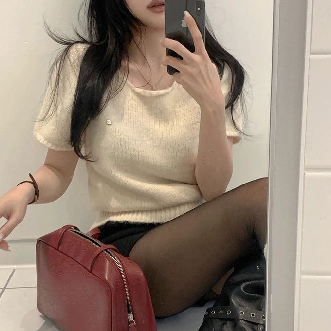 Forever 15% wool, 8% alpaca, thick round neck, symbol short sleeve knitwear - 3 colors 短袖上衣