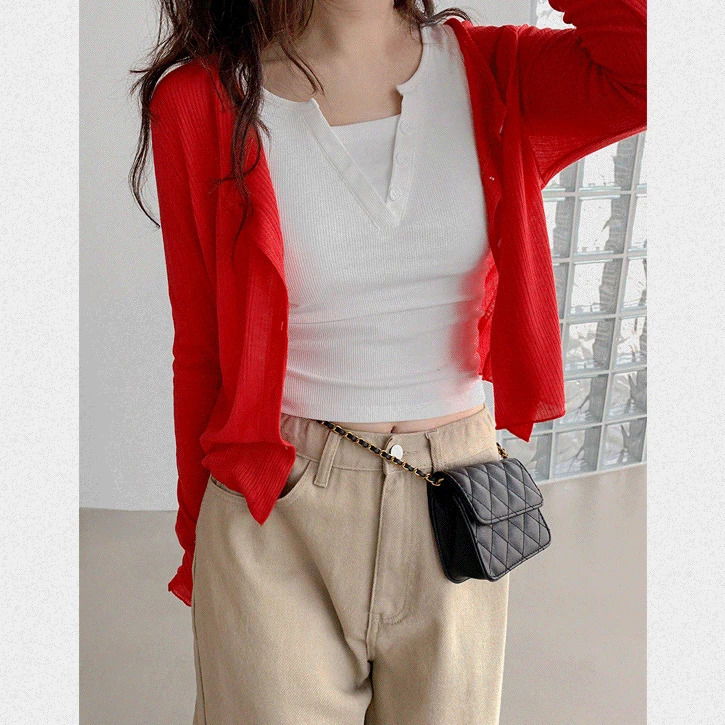 Back Ribbon Point 3 Crop Round Ribbed Cardigan