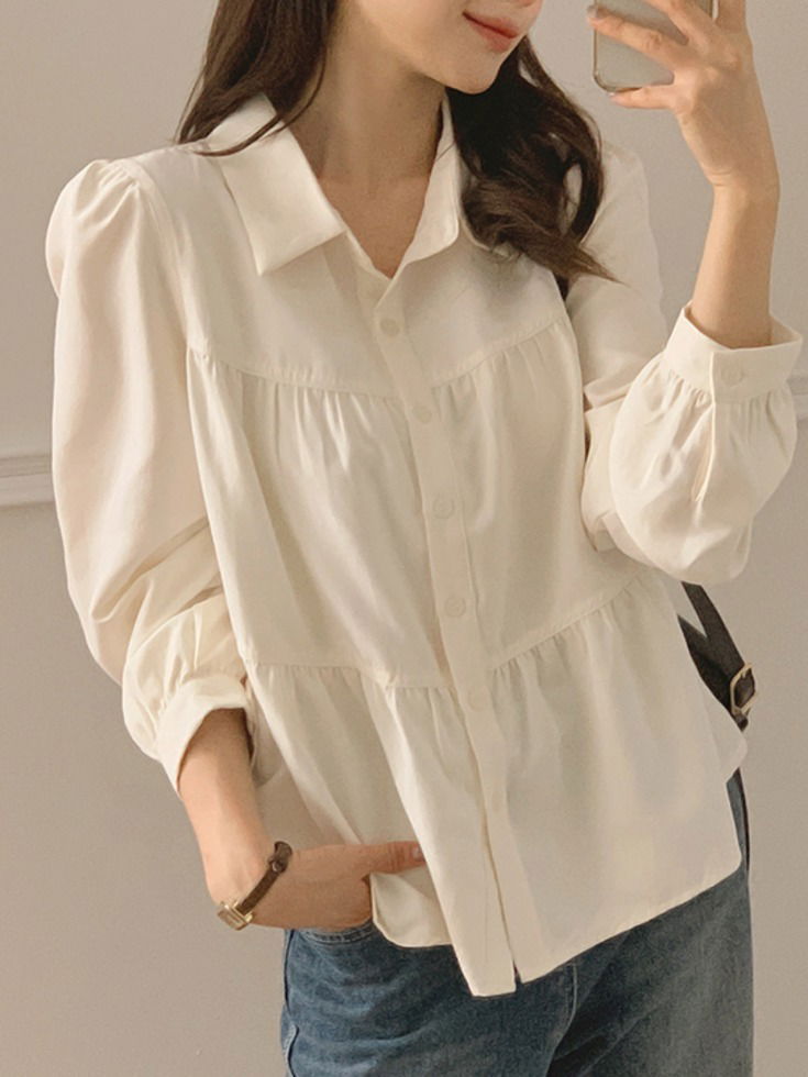 Caddelti Peach Fleece-lined Collar Neck Cancan Blouse 衬衫