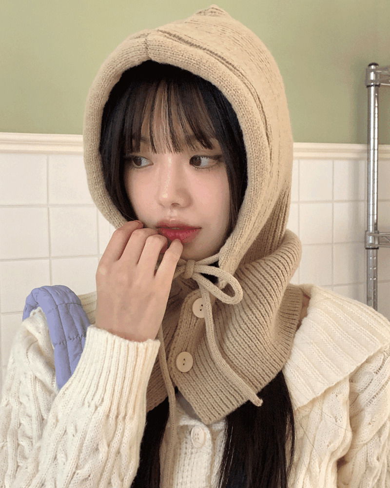 테누 투버튼 후드 니트 리본 스트랩 바라클라바