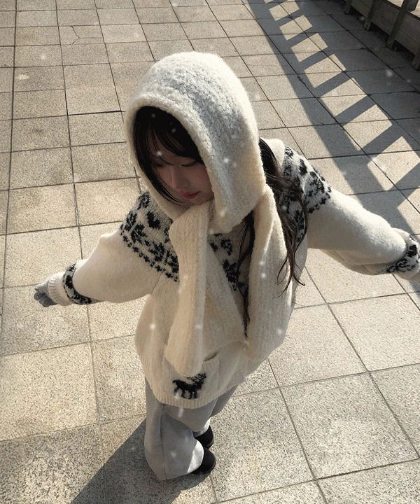 ディアノルディックフードボタンニットカーディガン