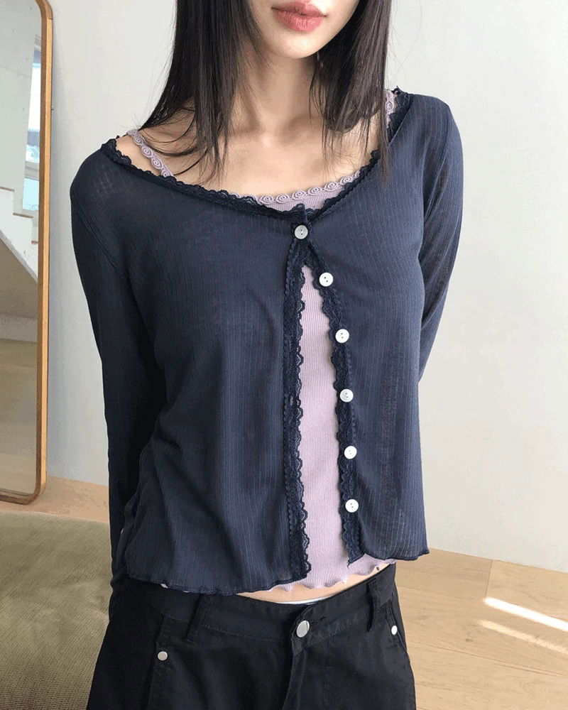 プアンレースフリルシースルーVネック長袖カーディガン