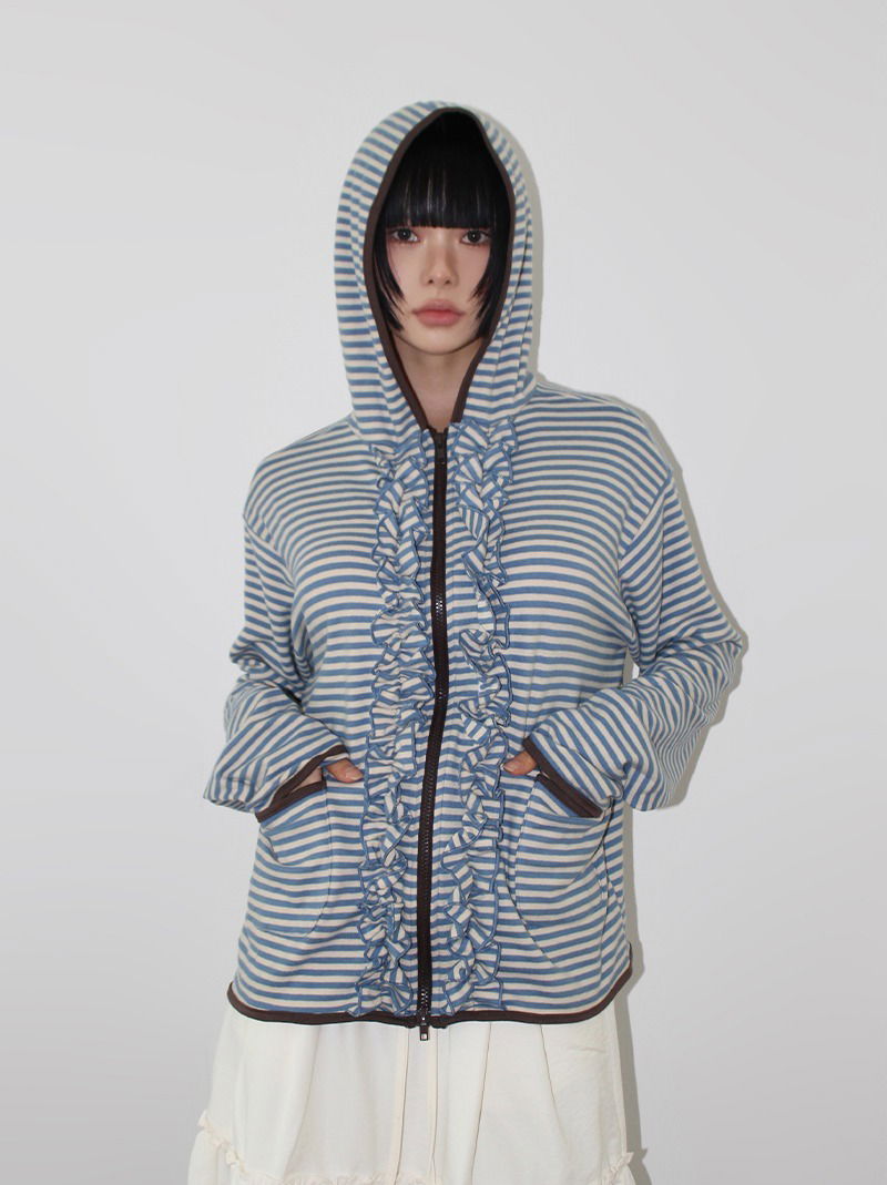 FRILL STRIPE HOOD ZIP-UP (blue / black)