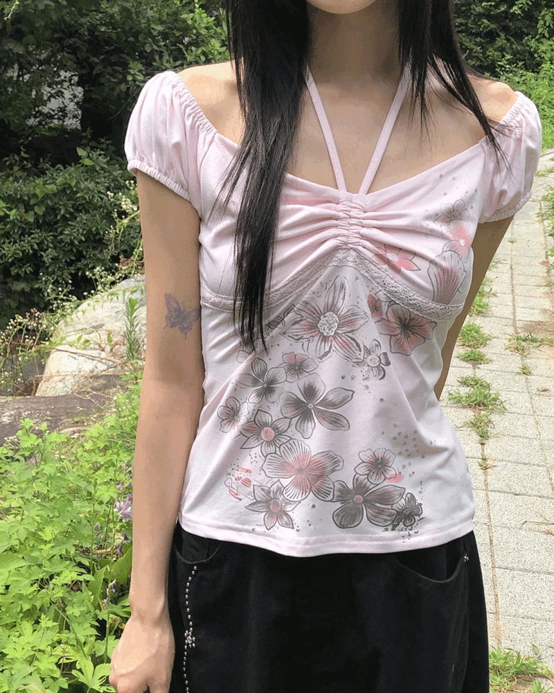 로셍 플라워 프린팅 셔링 반팔 티셔츠