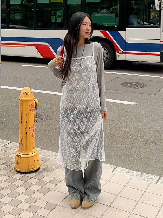 大尺碼透膚層次背心長洋裝