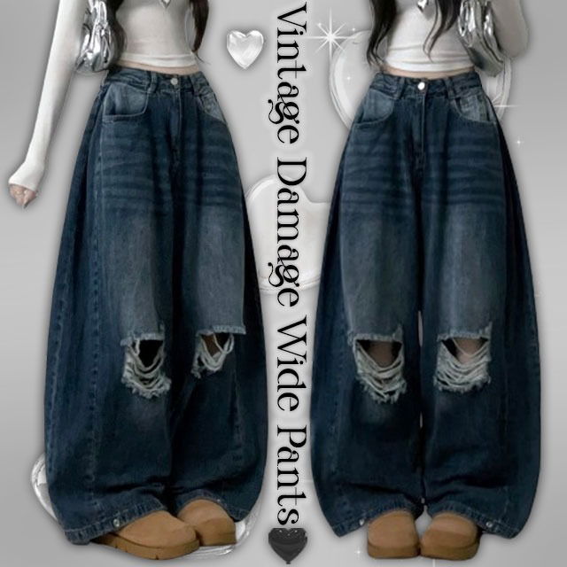 Off-Damage Knee-Ripped Faded Denim Side Pin Tuck Wide Pants