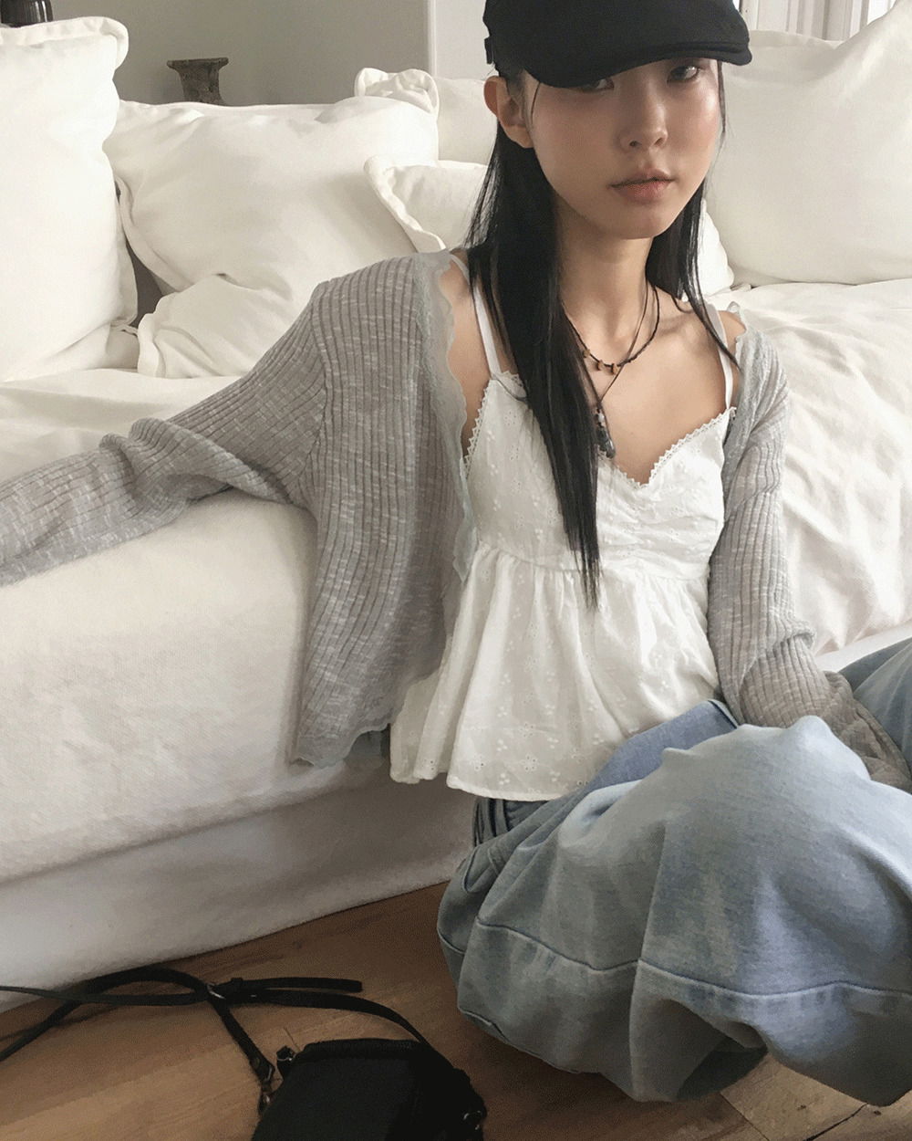 Lunan frill lace Ribbed wave see-through one button long sleeve cardigan