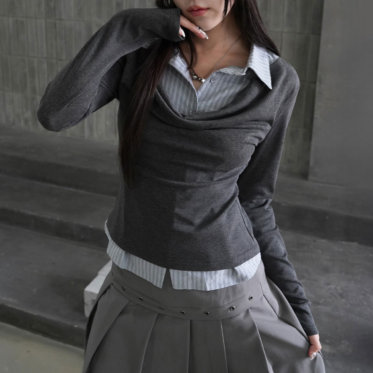 雙層造型襯衫長袖上衣