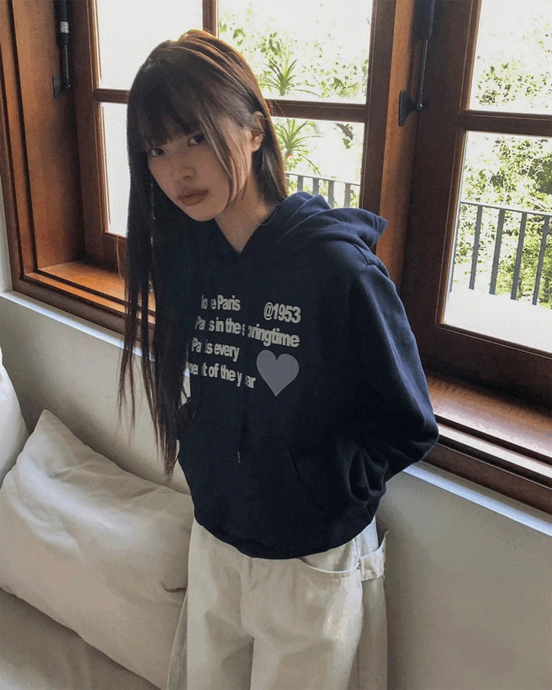 Carton Heart Lettering Print Pocket Long Sleeve Hooded T-Shirt