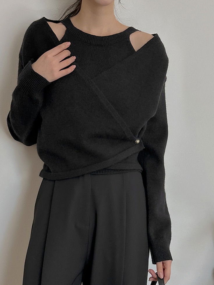 黑色捲邊層次針織上衣