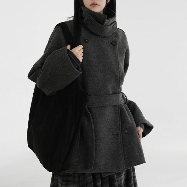 綁帶雙排扣羊毛斗篷大衣