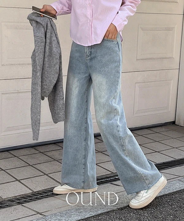 Burnt back banding cutting wide denim pants - 3 colors