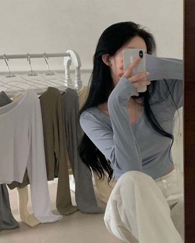 [6color] スパンリブUネッククロップド無地Tシャツ