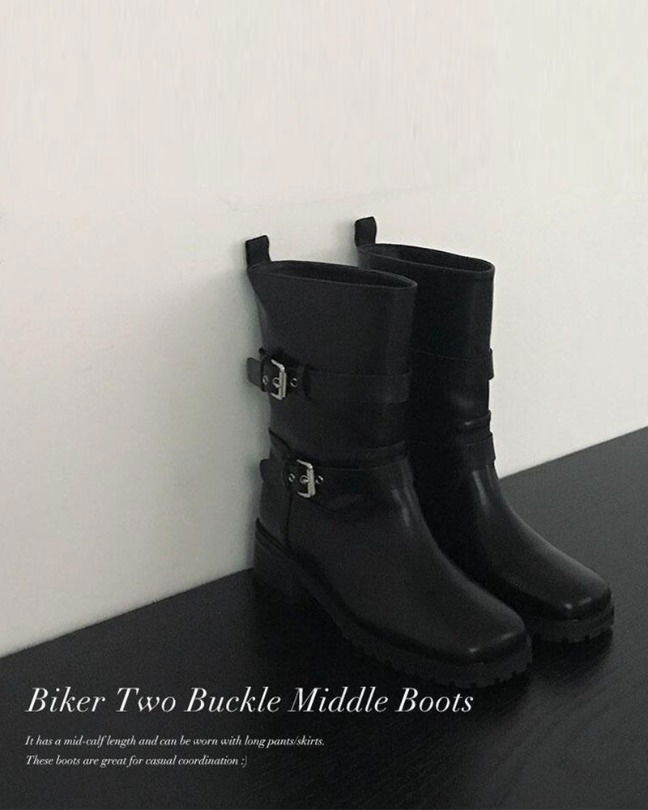 [Seasonless] バイカーツーバックルミドルブーツ