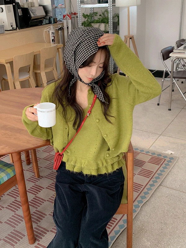 羊毛荷葉邊背心針織外套套裝