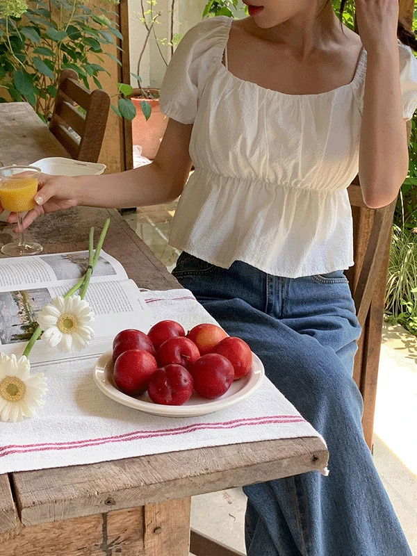 Deals Winter Back Ribbon Square Neck Shirring Short Sleeve Blouse 衬衫