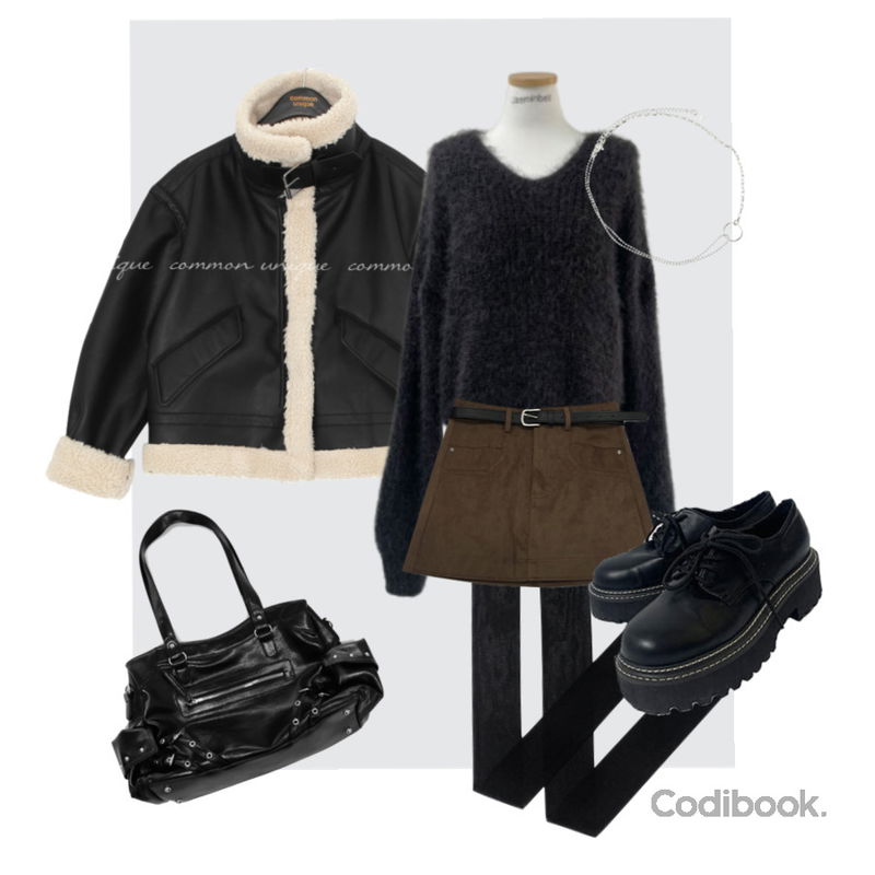 NONCODE (20D) 시스루 슬림 스타킹,NONCODE 브렛 링 언발 체인 초커,common unique 다엘 하이 넥 덤블 레더 무스탕등을 매치한 코디