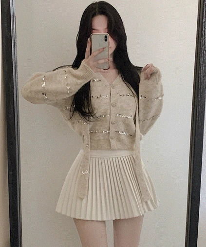 Knitwear cardigan muffler pleated skirt three-piece set (3 colors) 套裝