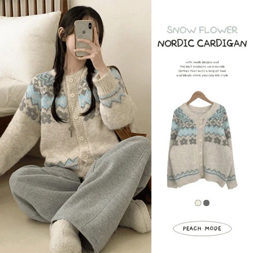 Salmon Ice Flower Snowflake Nordic Round Wool Knitwear Cardigan