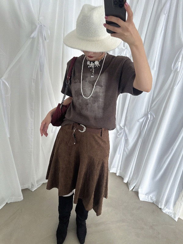 SUEDE UNBALANCE SKIRT WITH BELT SET