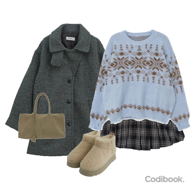 moaround 베노안 스퀘어 키링 빅 숄더백 -3color,binary01 테즌 부클 하프코트,E-PICK 삿포로 니트등을 매치한 코디