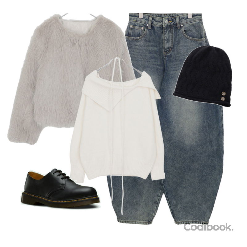 ondeed 듀아 버튼 니트 비니,ondeed 루에 스트랩 원숄더 니트,ondeed 코이니 벌룬핏 데님 와이드 팬츠등을 매치한 코디