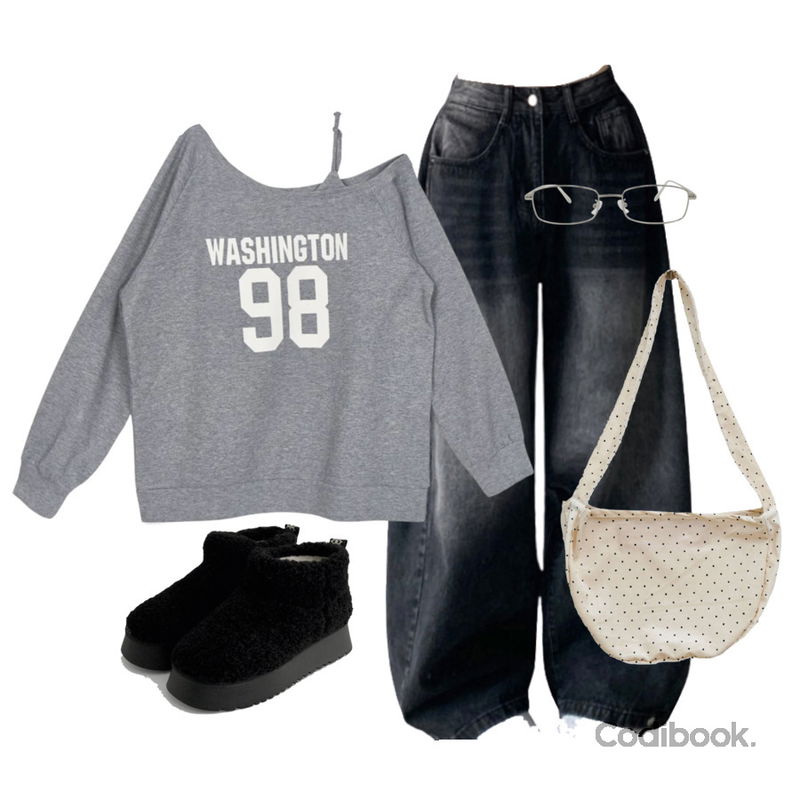 JASMINBELL 로코 빈티지 워싱 롱와이드 사이드 핀턱 밑단 스냅버튼 팬츠,DAILYJOU 슈가붐 레트로 메탈 안경,EEZEE Washington 98 One Shoulder T-shirt TS076등을 매치한 코디