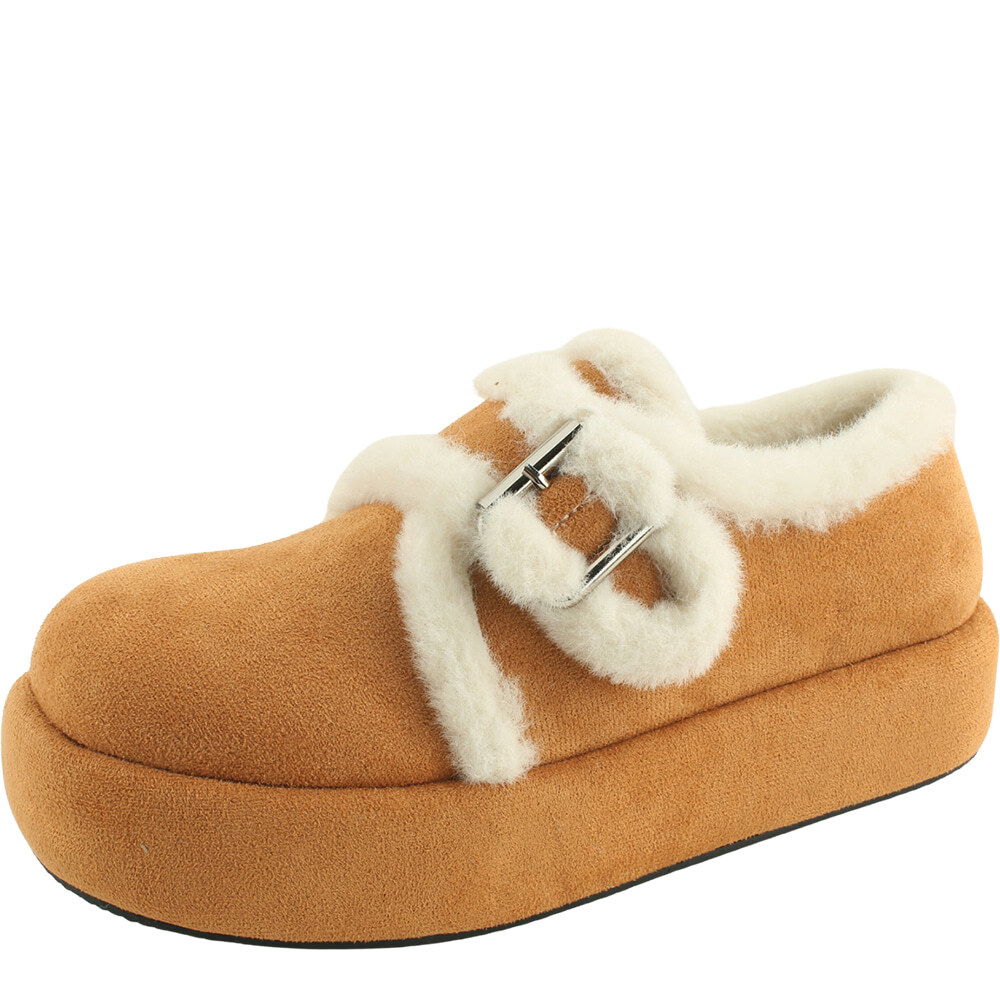 Fur Belt Strap Platform Flat Loafers 4cm Camel 樂福鞋