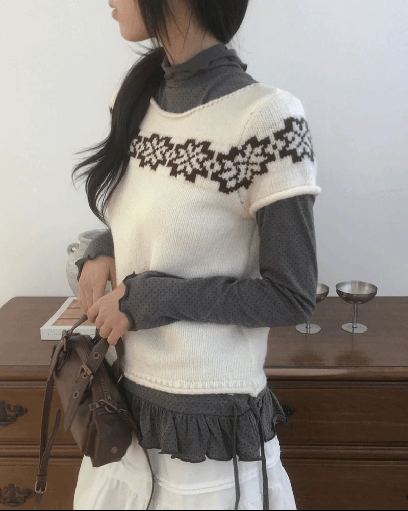 復古花朵層疊短袖針織上衣