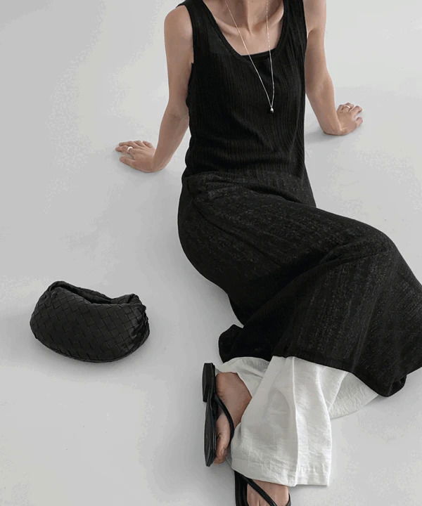 U領疊層亞麻針織長版洋裝