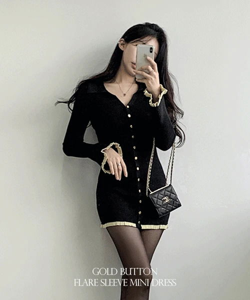 카라 골드버튼 나팔 미니 원피스