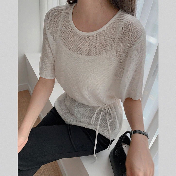 Waist Ribbon See-through Round Short Sleeve Knitwear