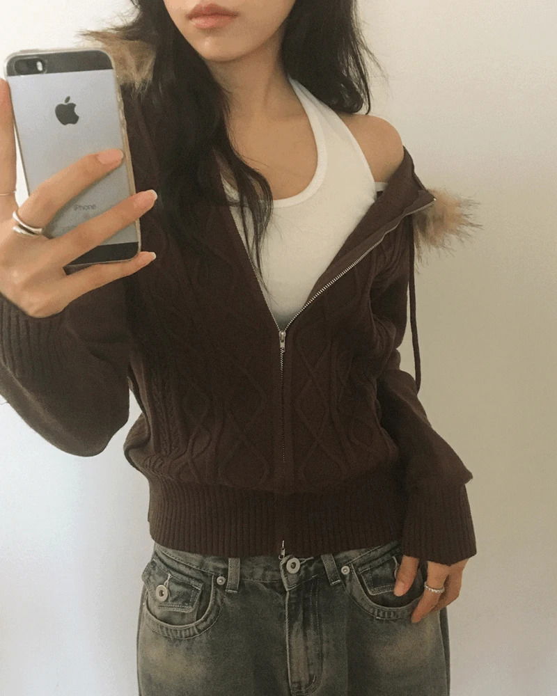 毛絨編織連帽拉鍊外套 - 兩種穿法修身款