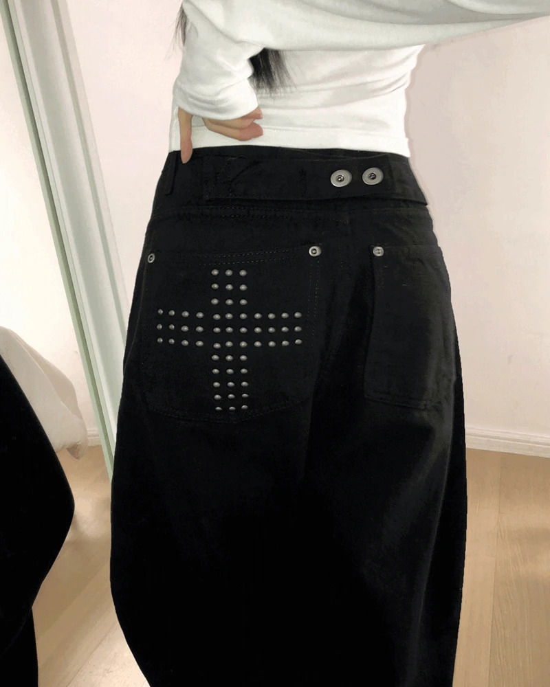 Cumin Fleece-lined cross stud balloon wide pants