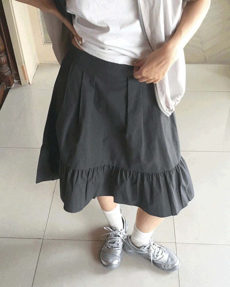 後鬆緊褶邊蕾絲中長版及膝裙