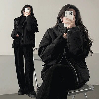 防水高領雙口袋寬鬆鋪棉外套