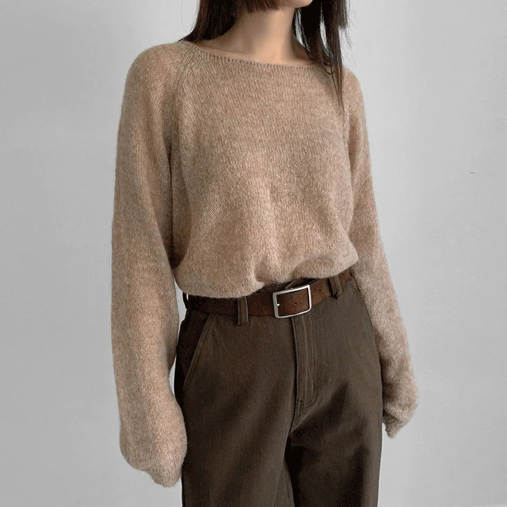 素色船領落肩針織上衣