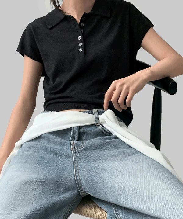 Roband Button Collar Short Sleeve Knitwear 针织衫