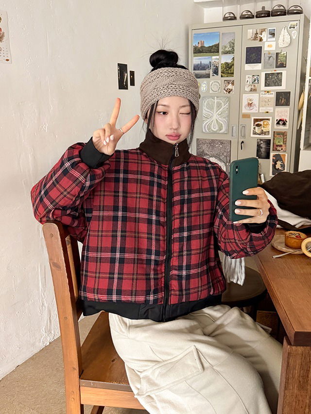 格紋翻轉保暖鋪棉夾克