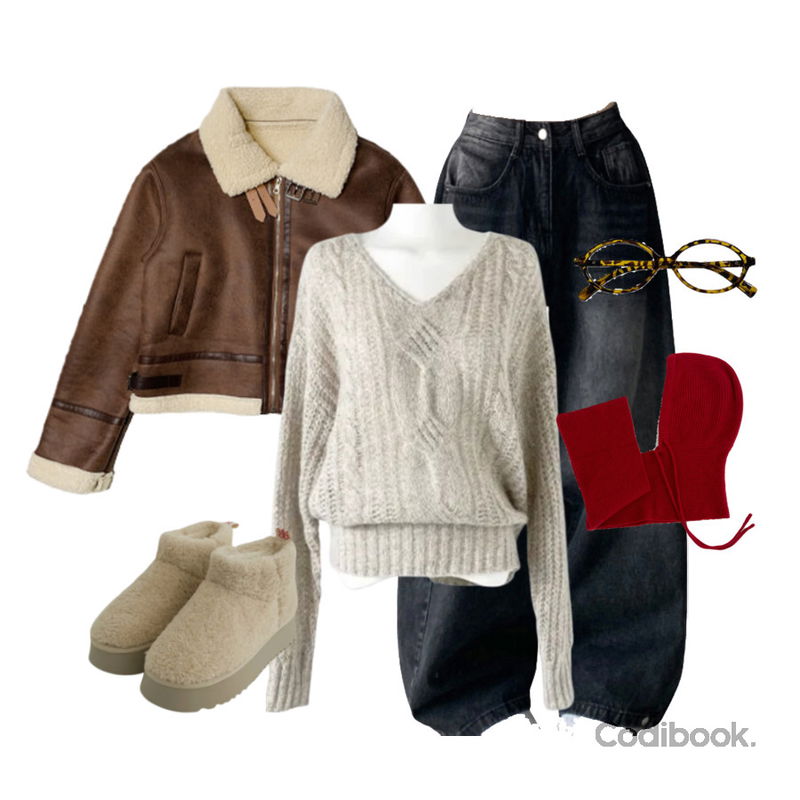 JASMINBELL 로코 빈티지 워싱 롱와이드 사이드 핀턱 밑단 스냅버튼 팬츠,anyonemore 로페 긱시크 너드 뿔테 안경 (2color),anyonemore 피커 브이넥 루즈 꽈배기 니트 (3color)등을 매치한 코디