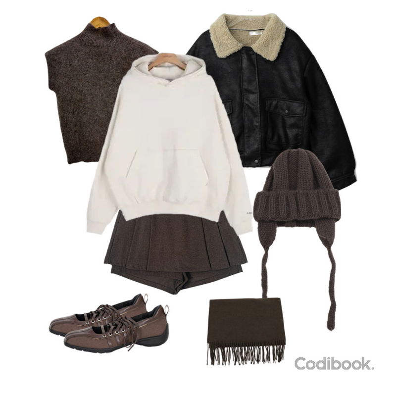 WONLOG 테브 이어 비니,byclothes (브라운 당일 발송)포근 앙고라반니트,binary01 테로 스웨이드 덤블 무스탕등을 매치한 코디